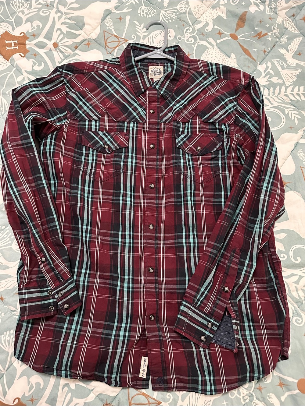 Men's Maroon Plaid Button-Down Shirt with Teal Stripes